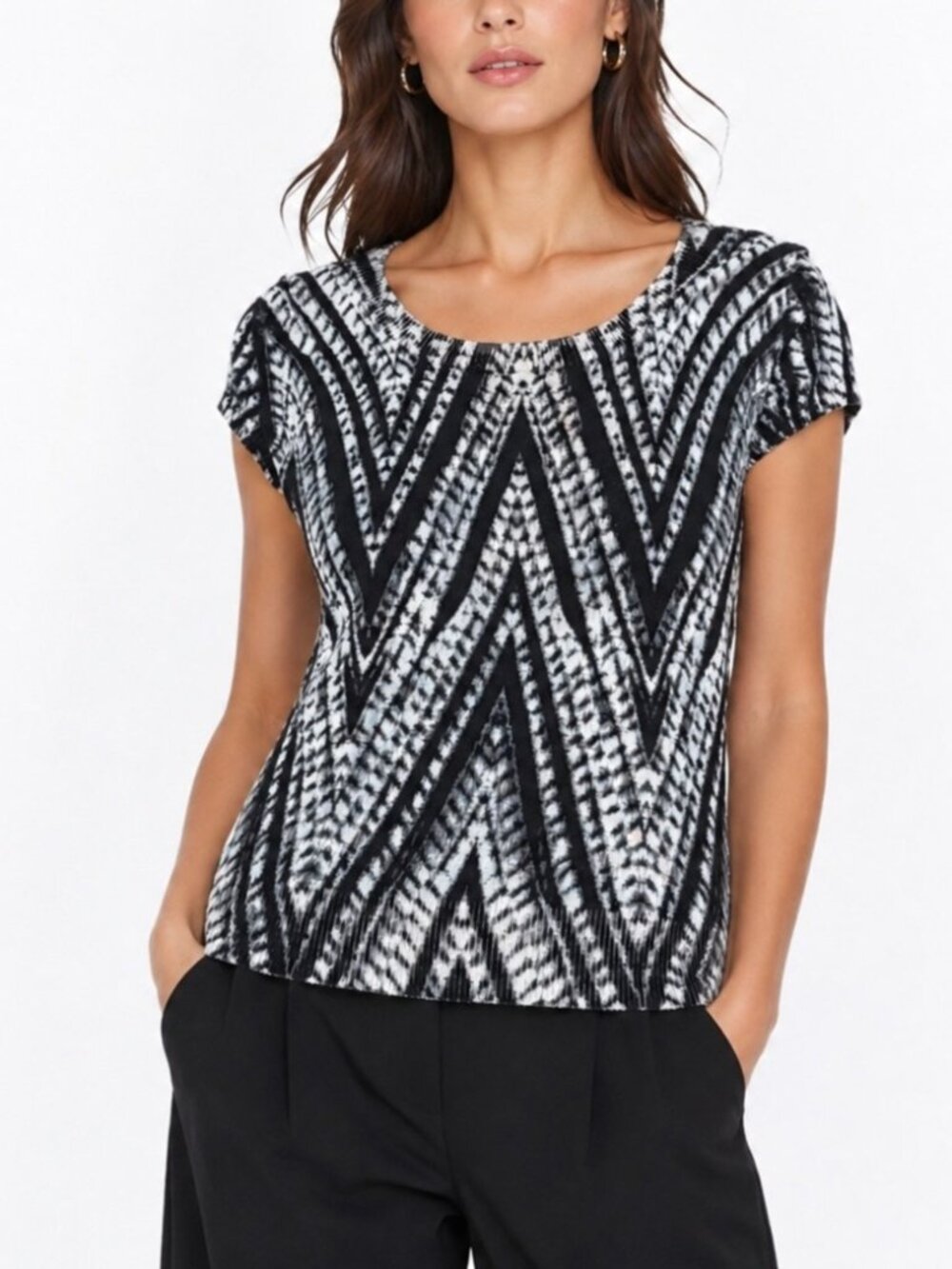 Rita Corradi Top Womens XS Black White Shibori Tie Dye Knit Chevron Monochrome